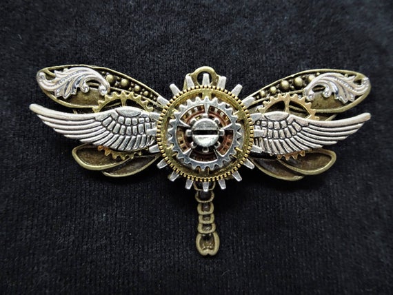 Steampunk Winged Bronze Dragonfly Pin Badge Brooch featuring gold, copper, and silver cogs & gears, and silver wings by KindHeartsEmporium steampunk buy now online