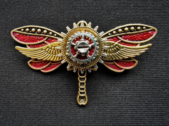 Stunning hand-painted Steampunk Dragonfly Pin Badge Brooch with golden wings - choose from 4 different colours: red, blue, green or purple by KindHeartsEmporium steampunk buy now online