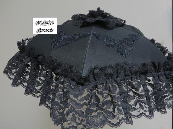 VICTORIAN PARASOL Umbrella in Black Dupioni Faux Silk or Black Satin with Lavish Wide Black Lace Ruffle and Embroidered Appliques Mourning by MLadysParasols steampunk buy now online