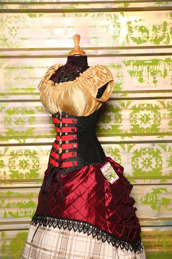 Wench Corset in Black with Red Pirate Trim and Buttons by damselinthisdress steampunk buy now online Wench Corset in Black with Red Pirate Trim and Buttons by damselinthisdress steampunk buy now online