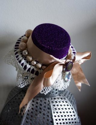 Beautiful One Of A Kind Purple Mini Top Hat Fascinator With Vintage Lace Trim Light Dusty Pink Satin Ribbon And Vintage Bead Button Details by IndustriousImaginare steampunk buy now online