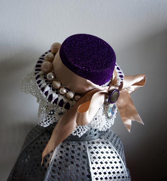 Beautiful One Of A Kind Purple Mini Top Hat Fascinator With Vintage Lace Trim Light Dusty Pink Satin Ribbon And Vintage Bead Button Details by IndustriousImaginare steampunk buy now online