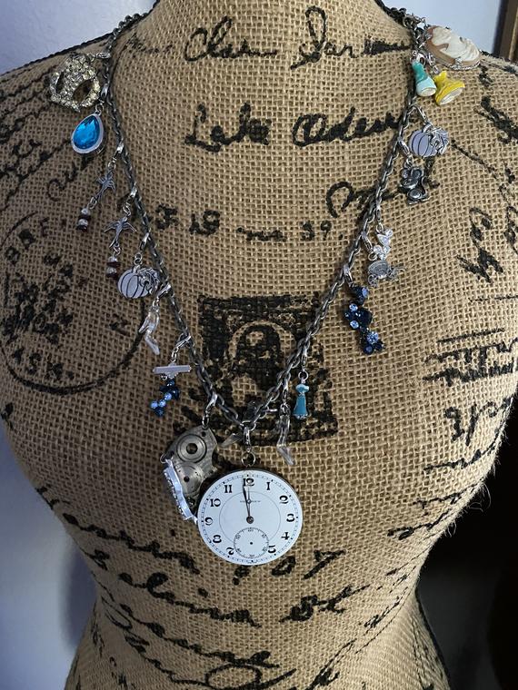 Cinderella charm necklace vintage sterling silver charms, steampunk pocket watch boho gypsy jewels rhinestones Swarovski crystals by Ritualsandjewelry steampunk buy now online