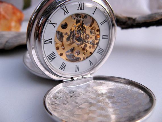 Elegant Silver & Gold Pocket Watch, Pocket Watch Chain, Engravable Personalized Gift, Groomsmen's Gift, Bold Roman Numeral - Item MPW243 LR by ArtInspiredGifts steampunk buy now online