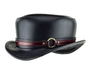 Leather Hat "Pinkerton" Black Tophat - Steampunk Top Hat - Top-stitched - Short Top Hat -Kink - Red Ring Band - Circus Couture - Burning Man by Subverse steampunk buy now online