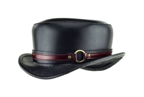 Leather Hat "Pinkerton" Black Tophat - Steampunk Top Hat - Top-stitched - Short Top Hat -Kink - Red Ring Band - Circus Couture - Burning Man by Subverse steampunk buy now online