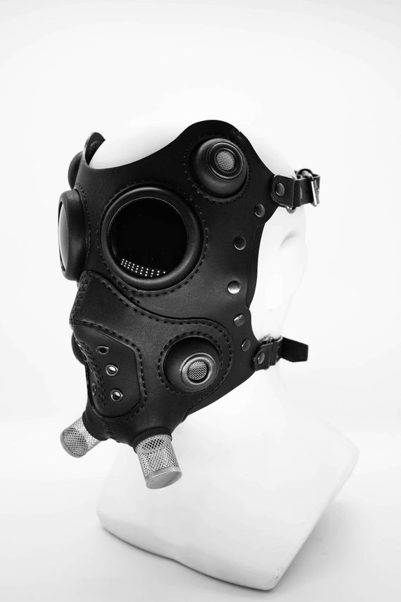 Masterpiece of black leather mask, steampunk mask, cyberpunk mask, post-apocalyptic mask, handmade mask, face mask, Halloween mask by NikitaKozhemyaka steampunk buy now online