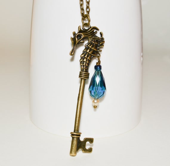 Seahorse Necklace, Key Pendant, Nautical Jewelry, Seahorse Key, Ornate Key Necklace, Seahorse Jewelry, Big Seahorse Charm, Blue Crystal Bead by flonightingales steampunk buy now online