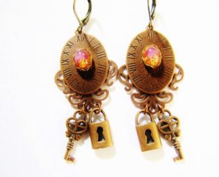Steampunk Fleur de Lis & Watch Dial Earrings with Vintage Ruby Harlequin Fire Opals, Padlocks and Keys ERG62 by RavensSecretStash steampunk buy now online