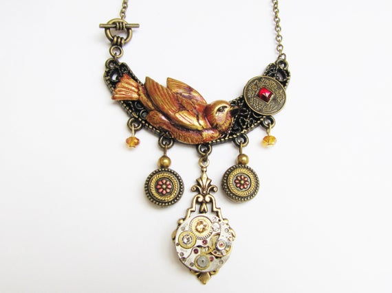 Steampunk Red Bird Necklace with Vintage Watch Movement, Steampunk Red Bird Jewellery, Steampunk Watch Necklace, Bird Necklace CPN1 by RavensSecretStash steampunk buy now online