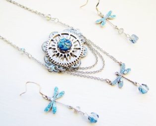 Victorian Industrial Dragonfly & Blue Fire Opal Necklace Earring Set, Steampunk Dragonfly Necklace Earring Set, Dragonfly Necklace NES9 by RavensSecretStash steampunk buy now online