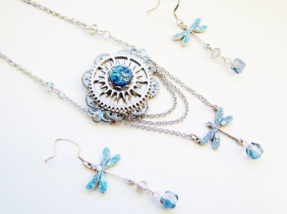 Victorian Industrial Dragonfly & Blue Fire Opal Necklace Earring Set, Steampunk Dragonfly Necklace Earring Set, Dragonfly Necklace NES9 by RavensSecretStash steampunk buy now online