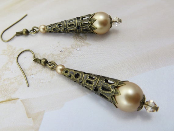 Vintage Gold Earrings Long Pearl Earrings Antique Jewelry Swarovski Crystal Taupe Victorian Steampunk Brass Bronze Jewellery Wedding Gift by Beadcraftshop steampunk buy now online