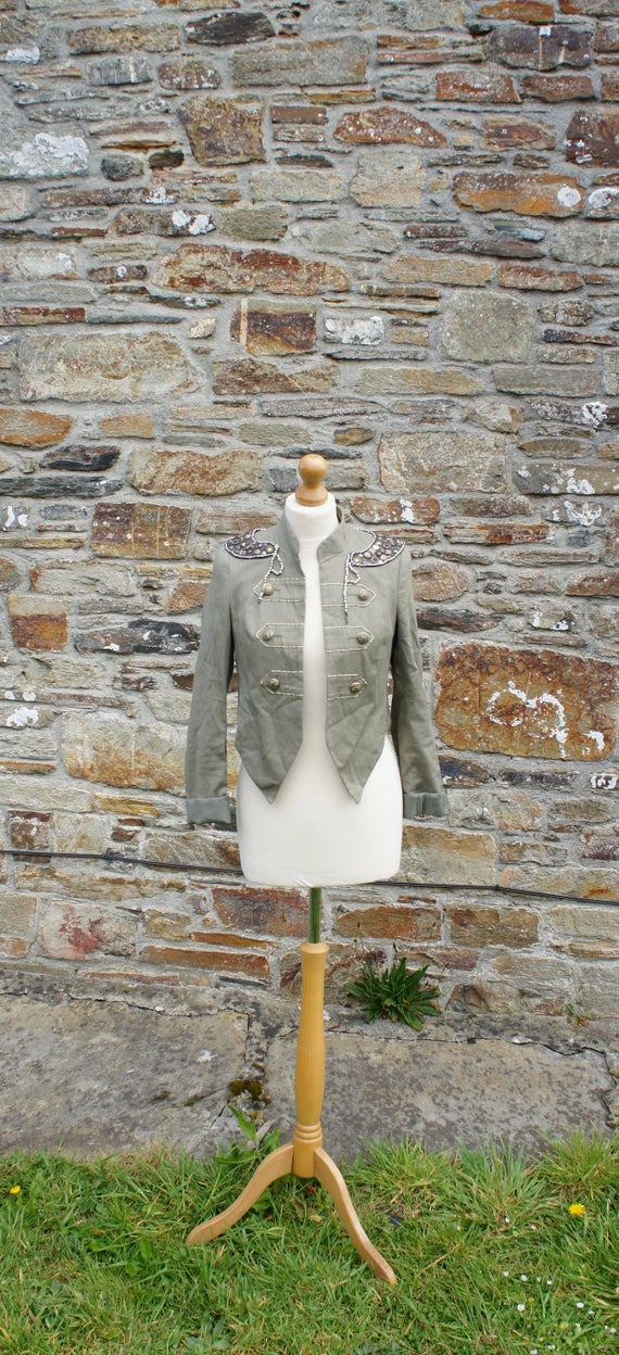 Women's, Upcycled, Altered, Military, Style, Steampunk, Khaki, Green, Cropped, Jacket, Ornate Metal Button Details And Jewelled Epaulettes by IndustriousImaginare steampunk buy now online