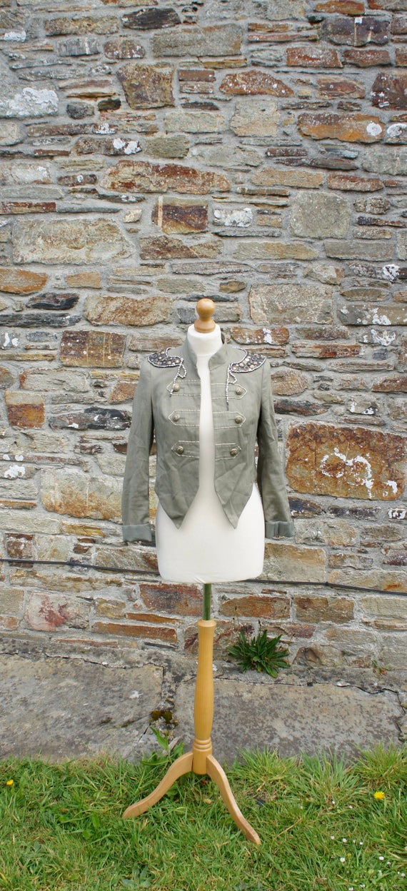 Women's, Upcycled, Altered, Military, Style, Steampunk, Khaki, Green, Cropped, Jacket, Ornate Metal Button Details And Jewelled Epaulettes by IndustriousImaginare steampunk buy now online