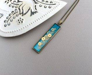 Blue Necklace, Steampunk Pendant, Long Teal Pendant, Resin Pendant, Thin Blue Pendant, Bar Necklace, Bronze Chain Necklace, Bar Pendant by OneDottyDuck steampunk buy now online