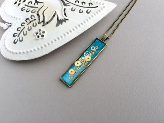 Blue Necklace, Steampunk Pendant, Long Teal Pendant, Resin Pendant, Thin Blue Pendant, Bar Necklace, Bronze Chain Necklace, Bar Pendant by OneDottyDuck steampunk buy now online
