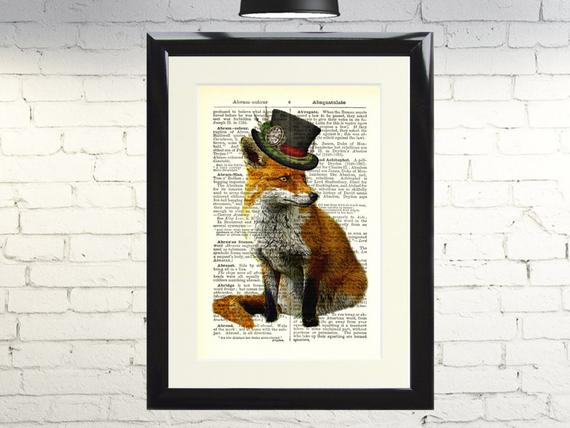 Dictionary Art Print Steampunk Fox In Top Hat Framed Vintage Poster Picture Handmade Original Artwork Book Page Home Decor by A1HeartnHome steampunk buy now online