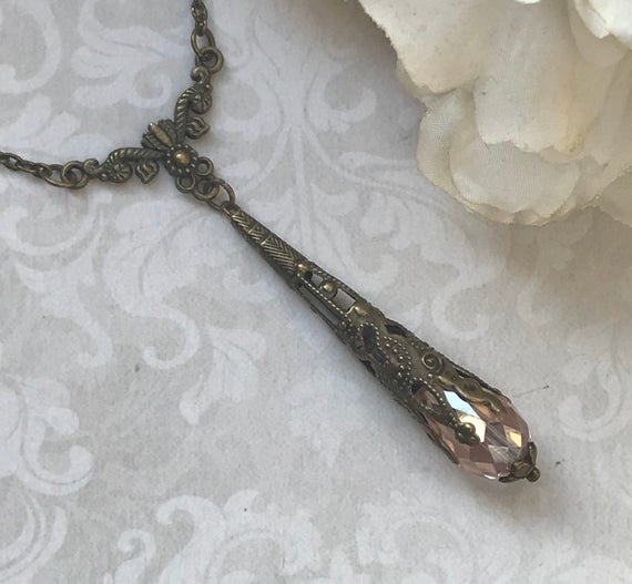 Romantic Victorian Necklace, Pink Teardrop Necklace, Victorian Gothic Necklace, Ornate Bronze Steampunk Necklace, Edwardian Boho Necklace by PoppyMilkGifts steampunk buy now online