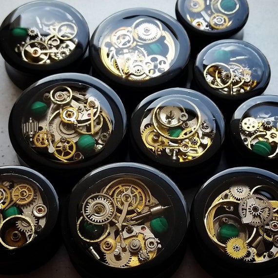 STEAMPUNK Style Green Malachite "Time Travellers" Black Double Flare Cog Tunnels/ Plugs **Sizes 16mm / 18mm / 20mm / 22mm / 24mm by earoes steampunk buy now online