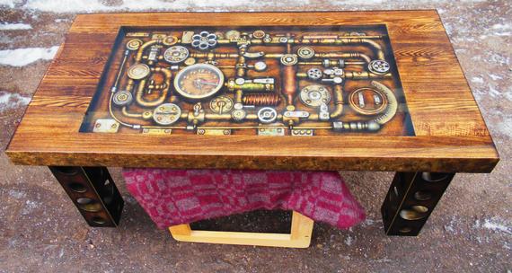 Steampunk table, Frozen Time, interior table with a built-in clockwork, solid wood table, handmade, covered with epoxy by WoodArtworkStoreRus steampunk buy now online