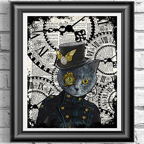 Steampunk Cat, Poster Print on Antique Dictionary book page, wall decor, Home decor, unique gift steampunk buy now online