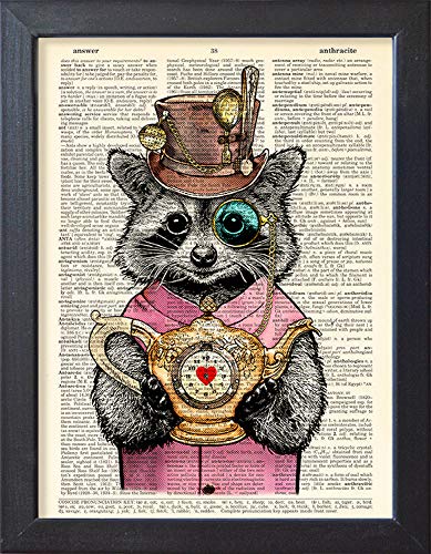 Raccoon Tea Time Print, Steampunk Animals in Top Hat Poster, Book Page Kitchen Wall Decor steampunk buy now online