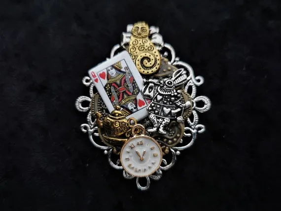 Alice in Wonderland inspired Steampunk pin brooch / badge + White Rabbit, Cheshire Cat, teapot, Queen of Hearts card & pocket watch charms by KindHeartsEmporium steampunk buy now online