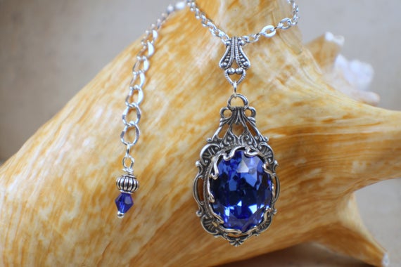 Gothic Crystal Blue Necklace, Crystal Filigree Necklace, Wedding Pendant, Blue Crystal Necklace, Goth Wedding Jewelry, Blue Crystal Pendant by Charsfavoritethings steampunk buy now online
