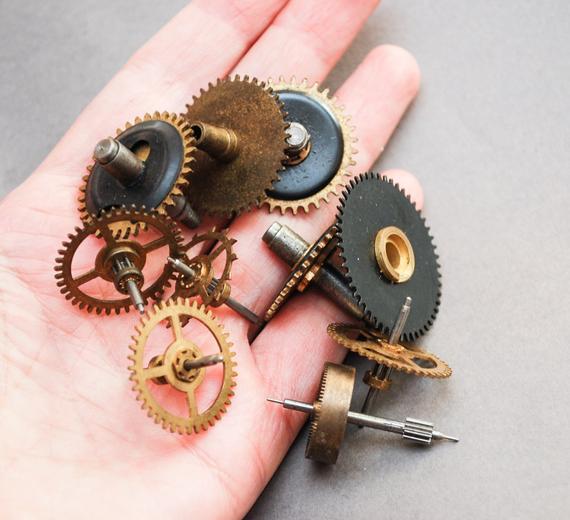 Lot of 10 Vintage brass alarm clock parts, gears, used, dark patina by Alchemyshop steampunk buy now online