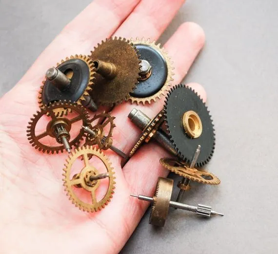 Lot of 10 Vintage brass alarm clock parts, gears, used, dark patina by Alchemyshop steampunk buy now online