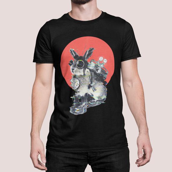 Time Traveler Animal Illustration Printed Mens T shirt, Steampunk Art Print Shirt, Bunny Art Graphic Tee Gift For Him, Bella Canvas Shirt by ikiikishop steampunk buy now online