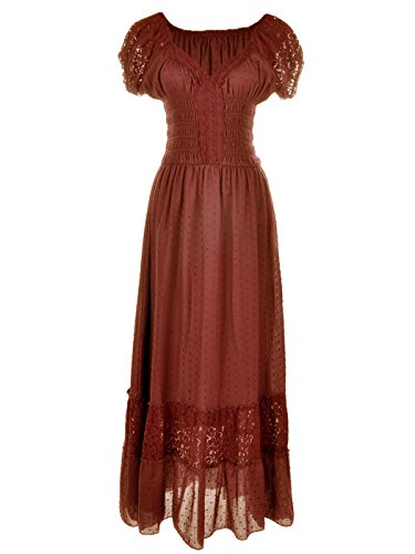 Anna-Kaci Women Boho Maxi Dress Smocked Waist Short Sleeve Lace Trim, Brown, Large steampunk buy now online
