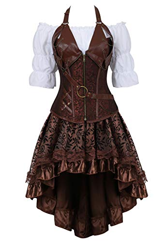 Grebrafan Retro Gothic Steampunk Leather Corset 3 Piece Outfits for Women Bustiers Skirt White Blouse Set (UK(14-16) 2XL, Brown) steampunk buy now online