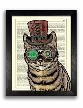 Steampunk Cat Poster Art Print, Steam Punk Gift for Husband, Present for Boyfriend, Cat Illustration Painting Dictionary Artwork, Contemporary Kitchen Wall Decor, 8 x 10 inch Unframed steampunk buy now online
