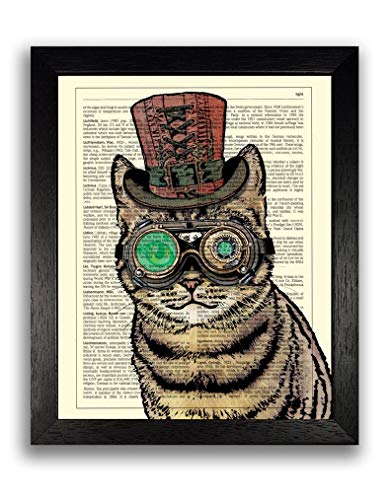 Steampunk Cat Poster Art Print, Steam Punk Gift for Husband, Present for Boyfriend, Cat Illustration Painting Dictionary Artwork, Contemporary Kitchen Wall Decor, 8 x 10 inch Unframed steampunk buy now online