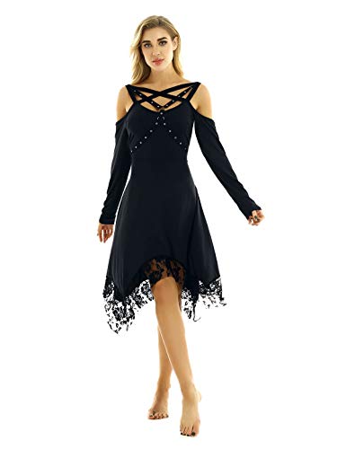 Aislor Womens Gothic Dress Steampunk Off Shoulder Long Sleeves High-Low Hem Lace Dresses Black XL steampunk buy now online