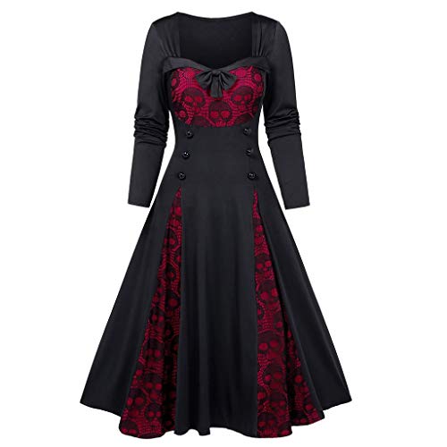 Beonzale Halloween Women Plus Size Clothing Lace Insert Mock Button Bowknot Dress Red steampunk buy now online