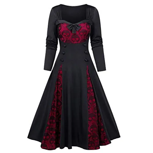 Beonzale Halloween Women Plus Size Clothing Lace Insert Mock Button Bowknot Dress Red steampunk buy now online