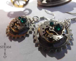 Emerald Swarovski Crystal Steampunk Watch mechanism Earrings - Steampunk Jewelry -personalized jewelry by SteamRetro steampunk buy now online