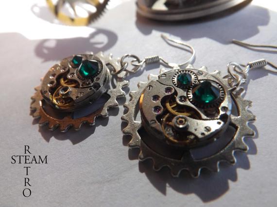 Emerald Swarovski Crystal Steampunk Watch mechanism Earrings - Steampunk Jewelry -personalized jewelry by SteamRetro steampunk buy now online