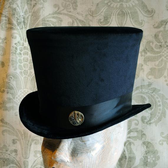 Gothic Top Hat,Black Velvet Victorian Hat,Burning Man Hat,Steampunk Top Hat with Vintage Watch Movement,Ivory Top Hat-Custom-Made to Order by BizarreNoir steampunk buy now online