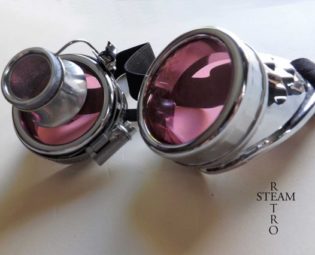 pink chrome steampunk goggles with loupe mad scientist - mad max cyber goggles burning man steampunk accessories - steampunk - burningman by SteamRetro steampunk buy now online