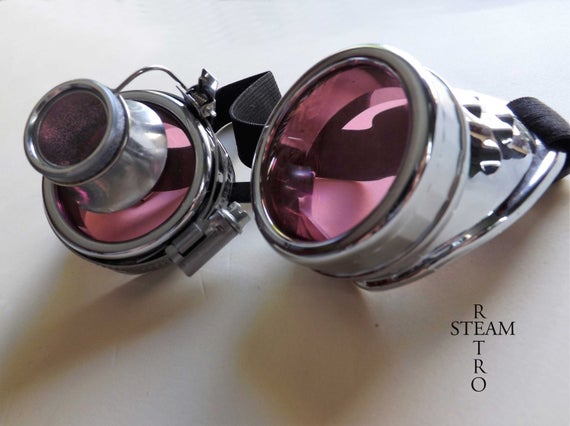 pink chrome steampunk goggles with loupe mad scientist - mad max cyber goggles burning man steampunk accessories - steampunk - burningman by SteamRetro steampunk buy now online