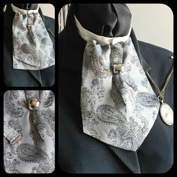 Silver Grey Silky Paisley Cravat Neck Tie Ascot Ready To Wear Adjustable Strap Jabot Victorian Steampunk Wedding Races Ascot NC3 by PKAccessoriesPK steampunk buy now online