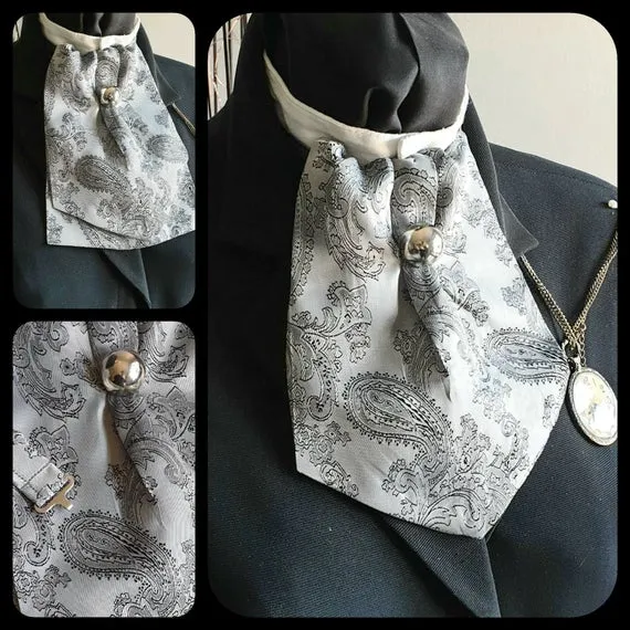 Silver Grey Silky Paisley Cravat Neck Tie Ascot Ready To Wear Adjustable Strap Jabot Victorian Steampunk Wedding Races Ascot NC3 by PKAccessoriesPK steampunk buy now online Silver Grey Silky Paisley Cravat Neck Tie Ascot Ready To Wear Adjustable Strap Jabot Victorian Steampunk Wedding Races Ascot NC3 by PKAccessoriesPK steampunk buy now online