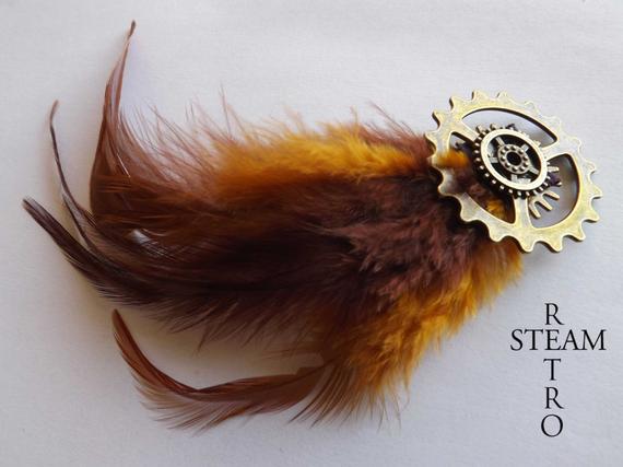 Steampunk brooch - vintage brooch - feathered brooch - steampunk jewelry - steampunk jewellery - womens steampunk - brooches by SteamRetro steampunk buy now online