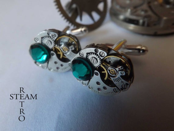 steampunk - cufflinks - Mens Gift Boxed Emerald Cufflinks - Steampunk Cufflinks - Wedding Cufflinks - Cufflinks - Best man gifts by SteamRetro steampunk buy now online