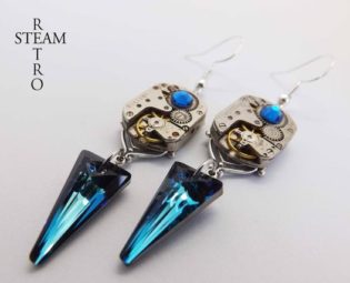 steampunk earrings - art deco earrings - swarovski earrings - bermuda blue earrings - steampunk art deco - neo victorian earrings - gothic by SteamRetro steampunk buy now online