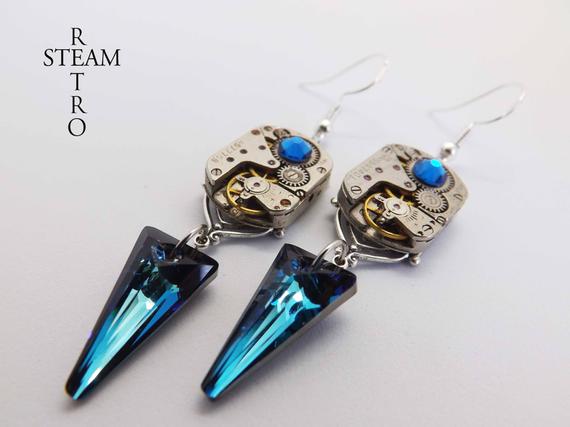 steampunk earrings - art deco earrings - swarovski earrings - bermuda blue earrings - steampunk art deco - neo victorian earrings - gothic by SteamRetro steampunk buy now online